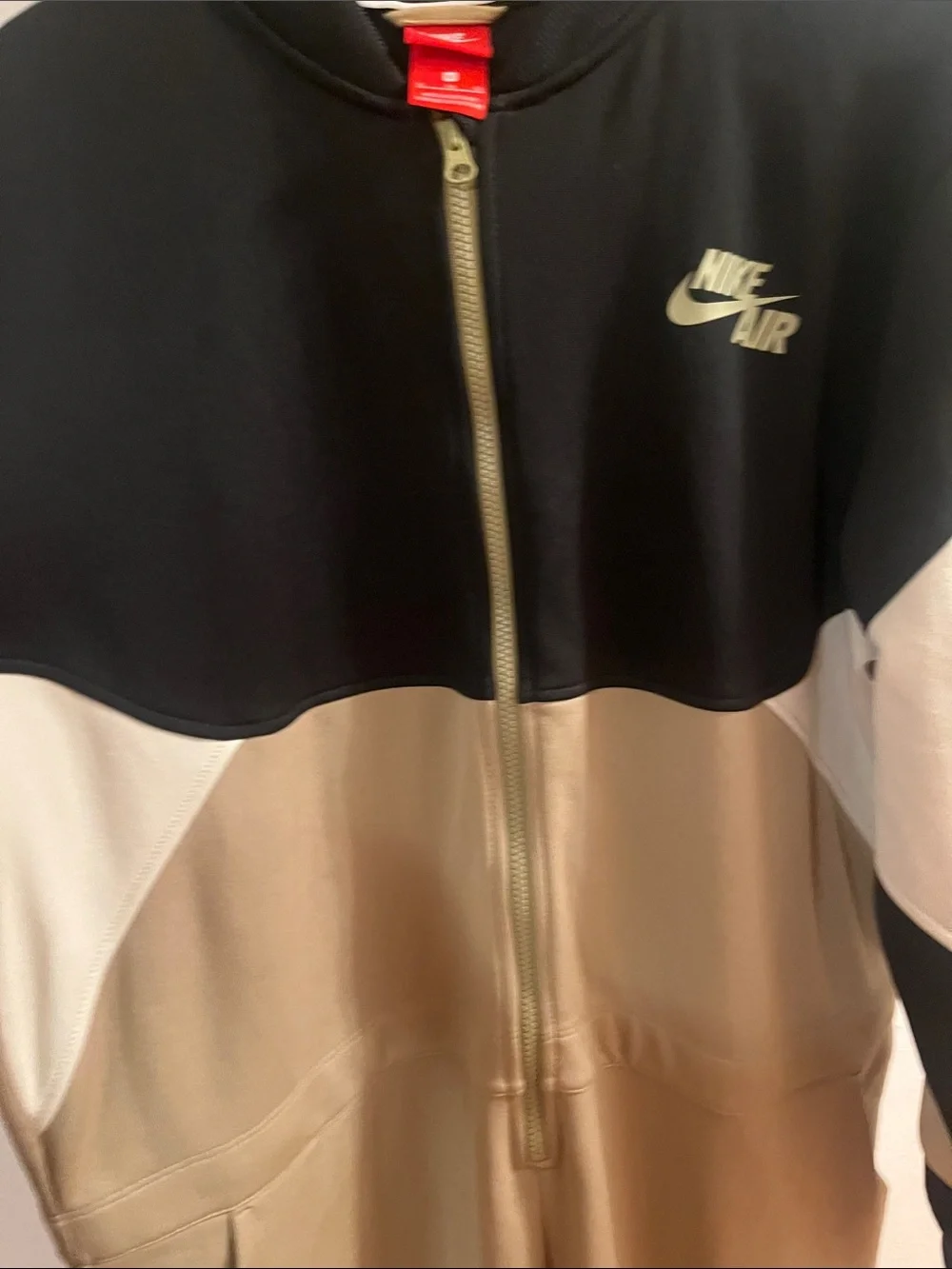 Nike Colorblock Zip-Front Jumpsuit in Olive, Black & Cream